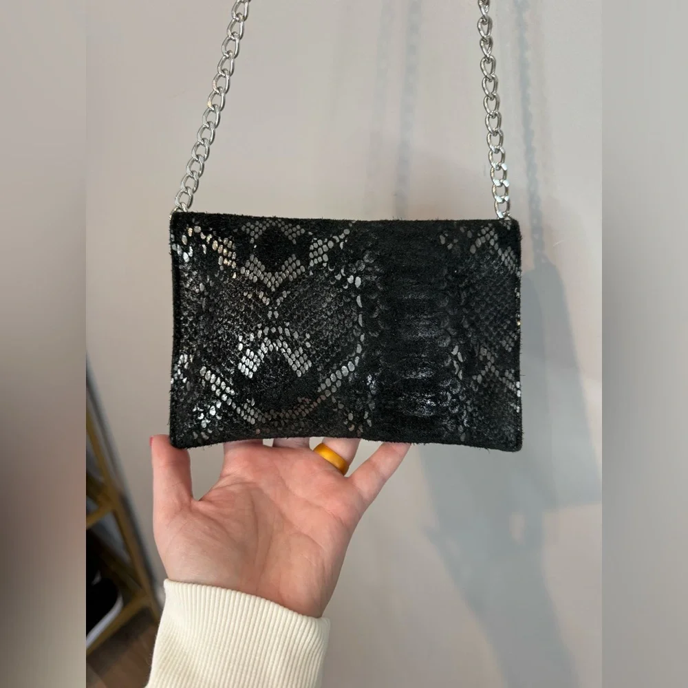 JJ Winters Envelope Crossbody Black Snakeskin Chain Bag